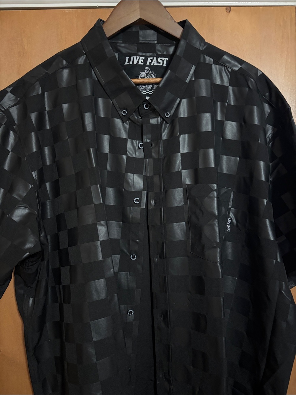 Men's Black Checker Satin-Gloss Button Down Shirt